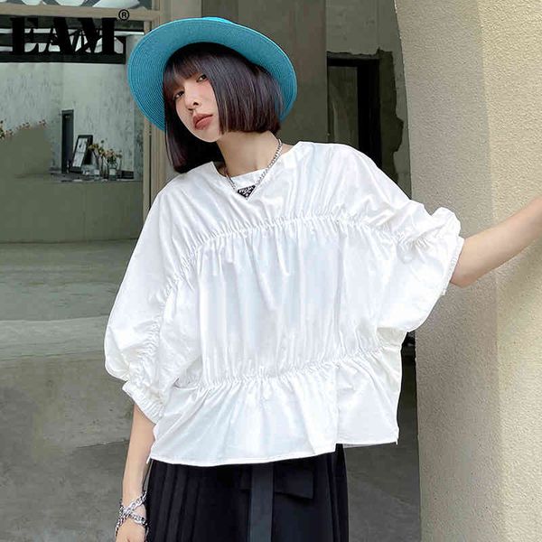 

[eam] women white pleated big size thin t-shirt round neck three-quarter sleeve fashion spring summer 1dd8420 21512