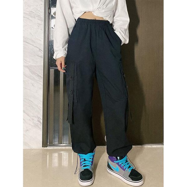 

women's pants & capris street elastic waist overalls pant high stitching large pocket ribbon binding black casual trousers, Black;white