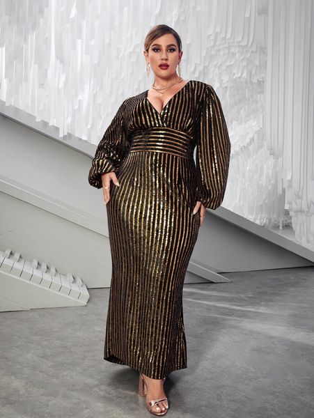

plus contrast striped sequins surplice neck velvet dress k50j#, Black