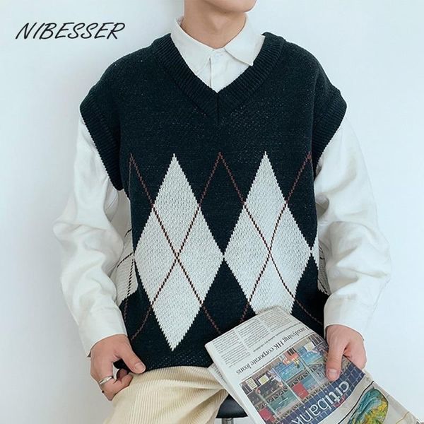 

men's vests nibesser men v-neck vest patchwork knitted sweater oversize wild knit college style sleeveless waistcoat, Black;white