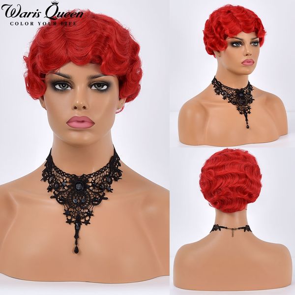 

pink short bob finger wave wig vintage synthetic wigs for black women 6inch retro curly cosplay halloween party hair peruca