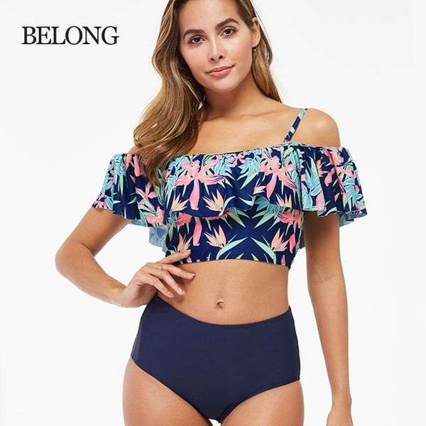

high bikini ruffle 2021 waist printed split women's swimsuit, White;black