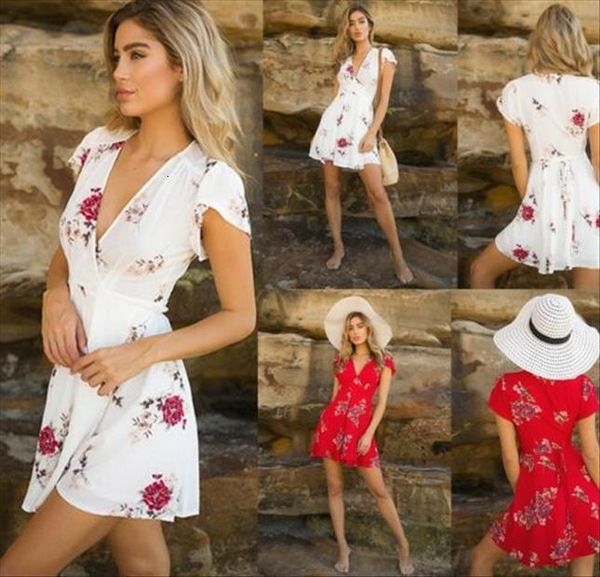 

summer short sleeve mini casual womens dresses party v neck high waist chiffon beach style, Black;gray
