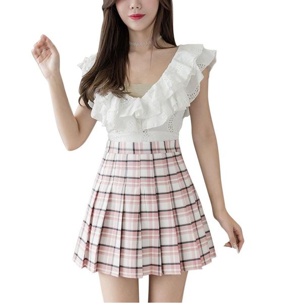 

high waist women's jk skirts striped pleated skirt elastic female sweet mini plaid, Black