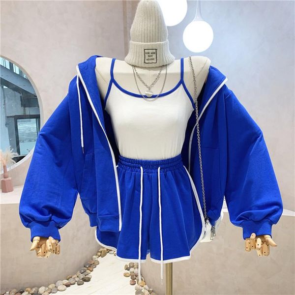 

women's tracksuits clothing summer 2021 fashion design sense long sleeve hooded + sling high waist shorts pants set, Gray