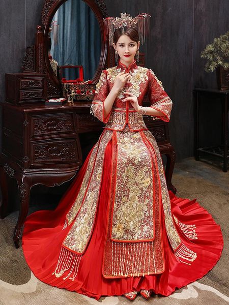 

ethnic clothing oversize 6xl retro chinese marry pleated skirt cheongsam embroidery applique tassels bride groom wedding dress, Red