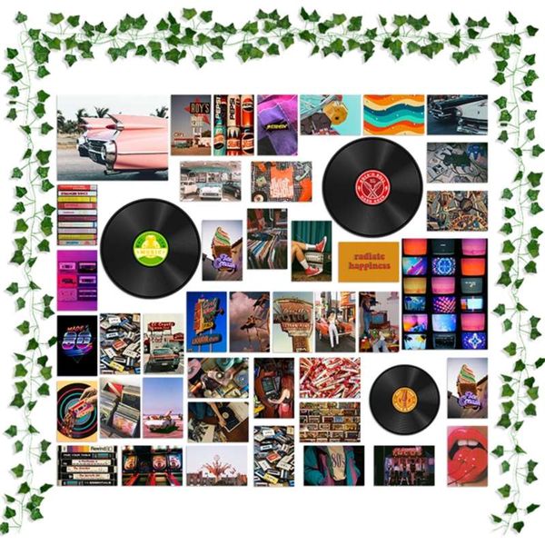 48pcs Retro Estilo Record Aesthetic Wall PO Kit de Colagem Fake Vines Vintage Álbum Modelo Cartão Decoração Quarto Para Crianças Adultos 210928