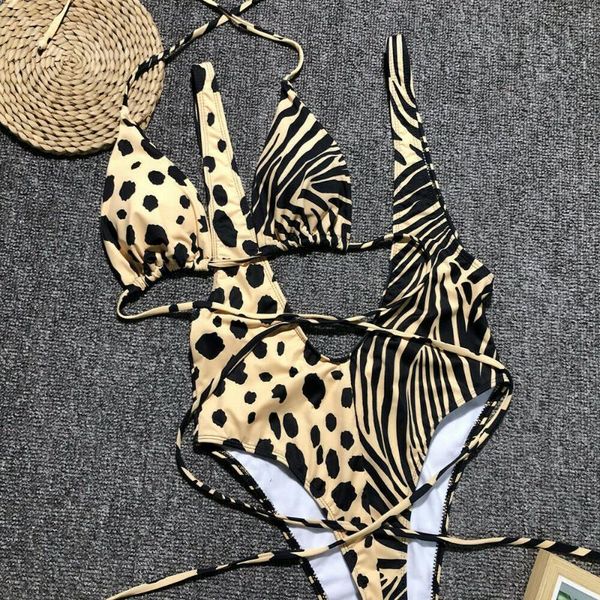 

women bandage bikini push-up padded bra swimsuit bathing set swimwear two piece patchwork printing lace up high waist bottom one-piece suits