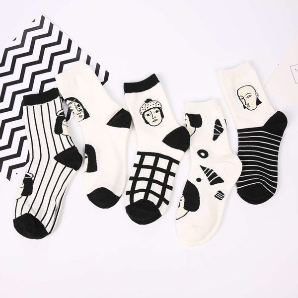 

japan style cool women funny head patterned ankle socks cotton stylish hipster art casual black and white tide, Black;white