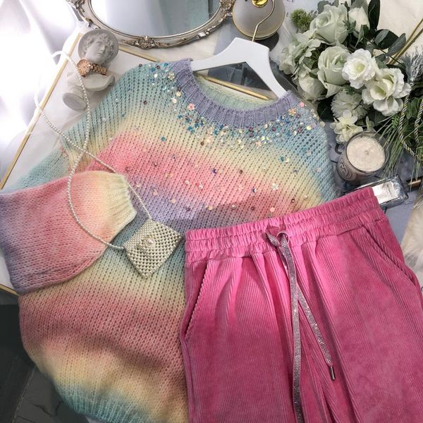 

women's two piece pants autumn winter women knitted sweaters diamond colored stripes loose o-neck pullovers fashion two-piece suit, White