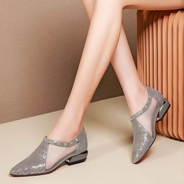 

shoes summer mesh woman sandals hollow out women low heels pointed toe office lady work shoes square heel korea grey sn4g, Black