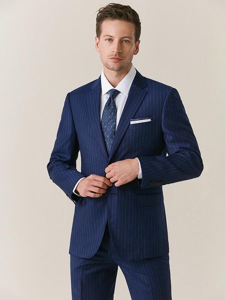 

men's suits & blazers 100% 130s wool suit set men groom wedding dress clothing deep blue stripe slim style single breasted business man, White;black