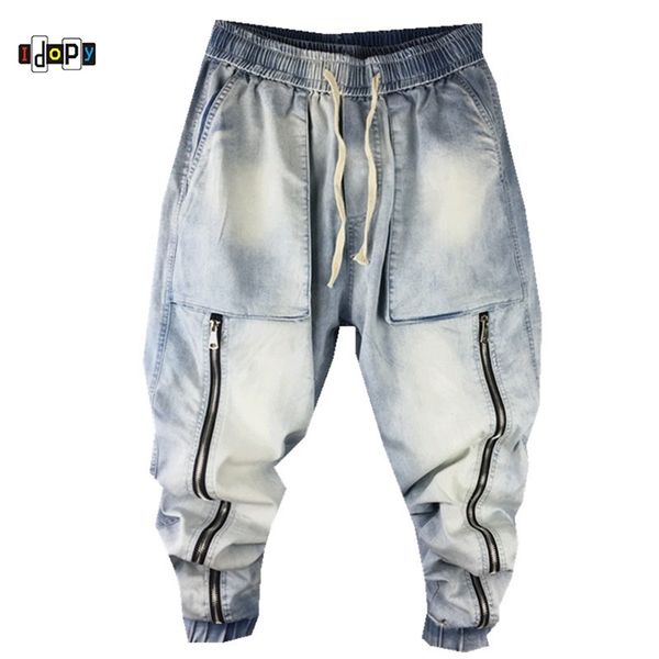 Idopy Harem Jeans Fermuarlar Vintage Yıkanmış Damla Crotch Gevşek Fit Elastik Bel İpli Büyük Cepler Kot Joggers Adam 210319