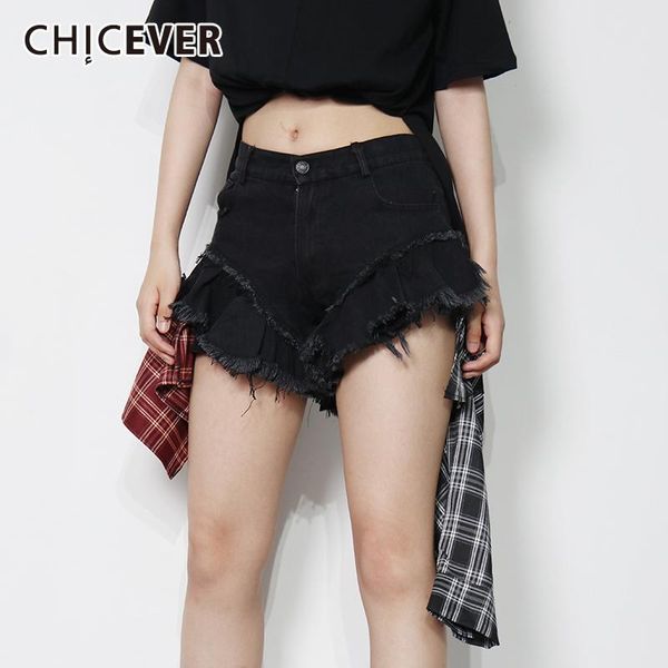 

women's shorts chicever streetwear patchwork tassel short for women high waist hit color irregular hem casual female fashion clothes, White;black