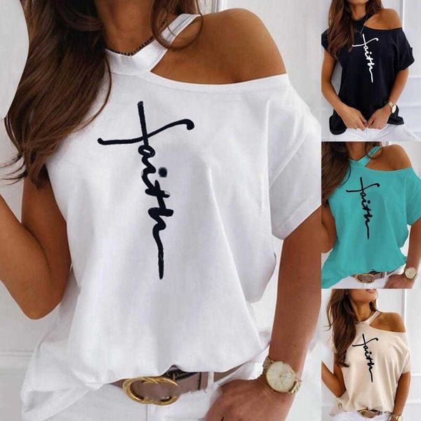 

off shoulder women's t shirt letter printing oversized short sleeve loose women clothing halter neck t-shirt ropa mujer x0527, White