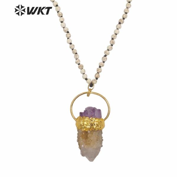 

wt-n1245 wkt 30 inch white tur-quoise 6 mm beads spirit quartz pendant necklace women fashion gold randomly shape stone neck chokers, Golden;silver