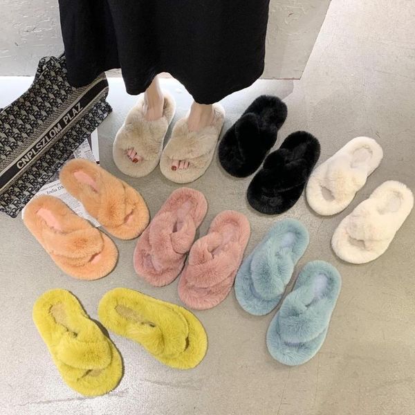 

winter women plush house slippers fashion faux fur furry warm flat shoes solid color comfortable female indoor, Black