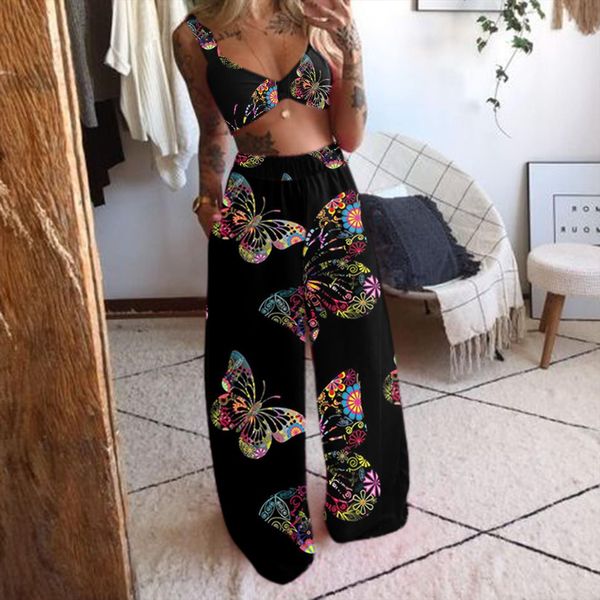 

casual beach bra trousers deep womenpant v neck butterfly print lace up loose sleeveless camis pants summer clothes set, White