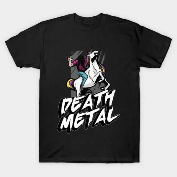 

death metal let's rock unicorn music sandmand comic funny parody black t-shirt, White;black