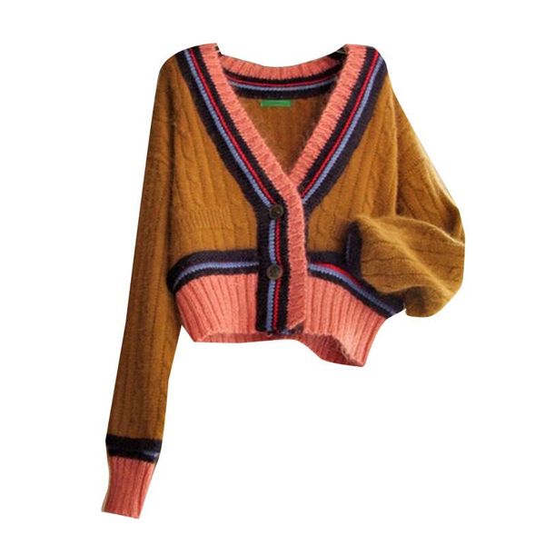 

women's sweaters sweet v-neck lazy wind knit cardigan striped short long-sleeved coat single-breasted jacket 2021, White;black