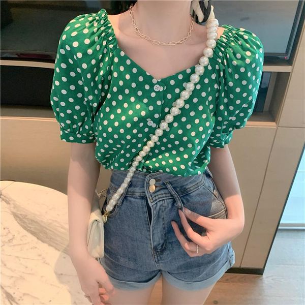 

women's blouses & shirts french gentle wind polka dot blouse women summer slim short-sleeved shirt for green cute, White