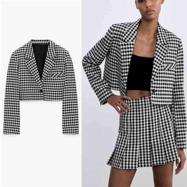 

plaid cropped blazer women vintage long sleeve shoulder pads gingham blazers coat woman single button outerwear 210524, White;black