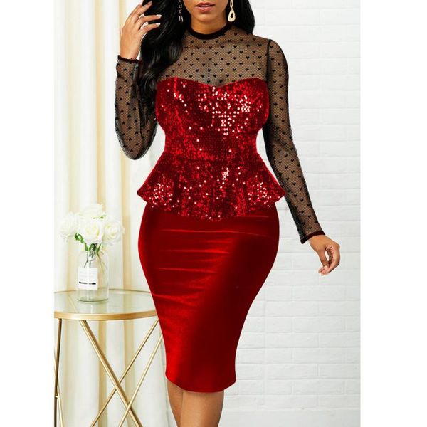 

casual dresses rmsfe 2021 women's long sleeve round neck fashion mesh stitching high waist shiny large size slim fit party dress, Black;gray