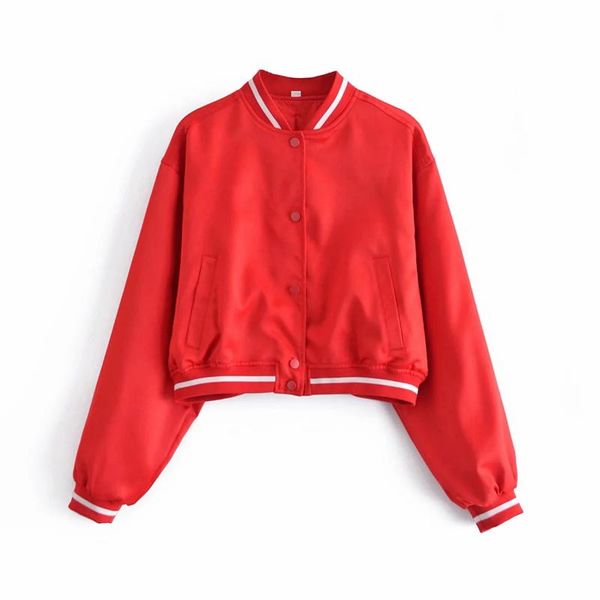 

women's jackets casual women red ribbed trim baseball jacket cropped coat spring fall single breasted long sleeve slim stand collar out, Black;brown