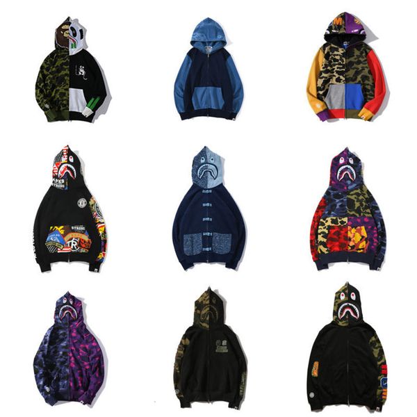 

autumn and winter japanese street shark stitching hoodie young male couple trend hip-hop cardigan jacket, Black;brown