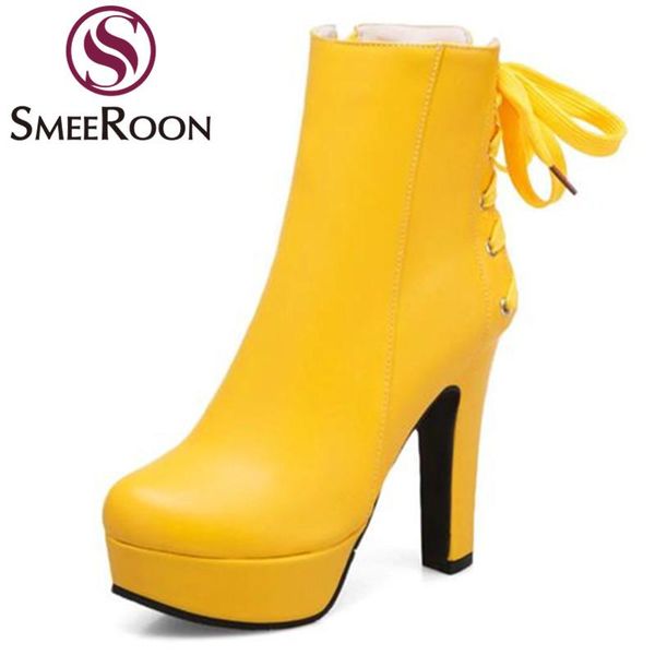 

boots smeeroon office women's shoes ladies fashion zipper ankle platform lace up high heels winter big size 34-45, Black