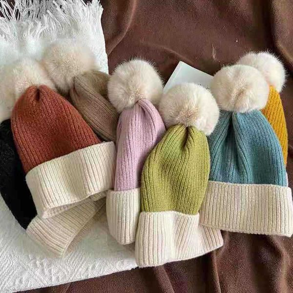 

autumn and winter cute wool ball color matching knitted cap children's version simple versatile plush warm ear protection black friday, Blue;gray