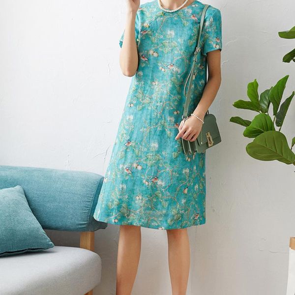 

casual dresses wind printing on linen fabrics jade buckle round collar breathable kingfisher high end dress cheongsam design, Black;gray