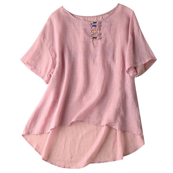 

women's blouses & shirts shuchan thin summer women ramie chinese style o-neck button broadcloth short sleeve pink, White