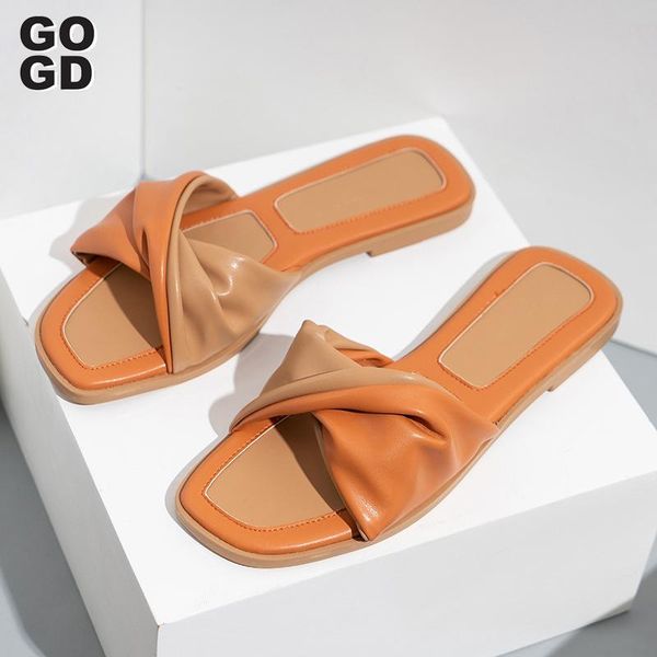 

slippers [gogd]outside slides sandal shoes 2021 summer square toe women fashion thin high heel ladies mules elegant female, Black