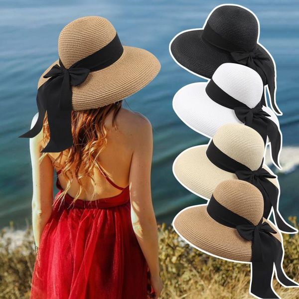 

wide brim hats elegant summer straw big sun for women uv protection panama floppy beach bow hat casquette femme 2021, Blue;gray