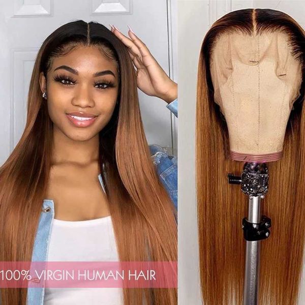 

transparent lace wigs 13x4 dark brown front wig straight frontal for women brazilian hair t1b/30, Black;brown