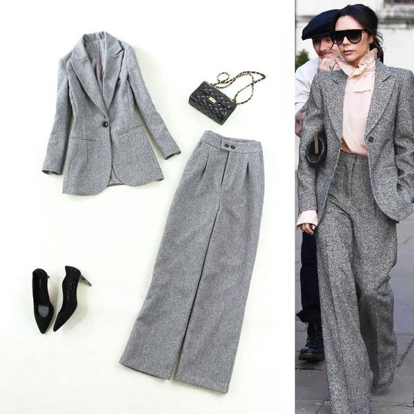 

women's suits & blazers blazer set office business 2021 winter slim thick woolen one button suit high waist wide leg pants gray ladies, White;black