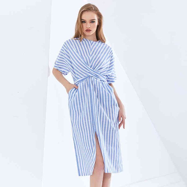 

dresses elegant striped for women o neck short sleeve high waist lace up split korean es female fashion tide, Black;gray