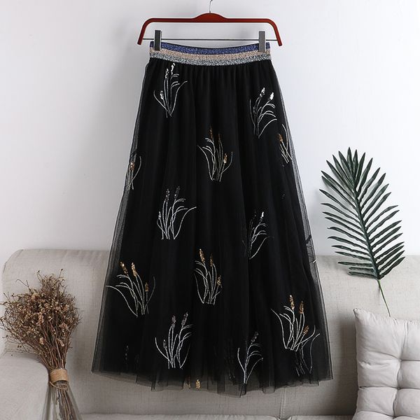 

Skirts skirts Spring Sequins Embroidered A-line Layered Tulle Maxi Long S MOPN, Black