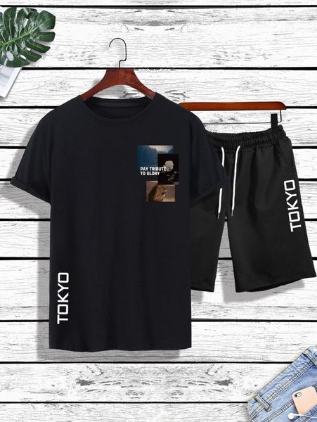 

men picture & letter graphic tee & shorts j9pr#, Gray