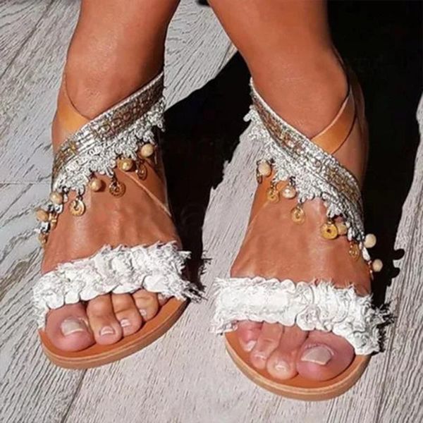 

women 2021 fashion boho pearl sandals female peep toe ankle strap summer casual beach ladies back flat shoes d30, Black
