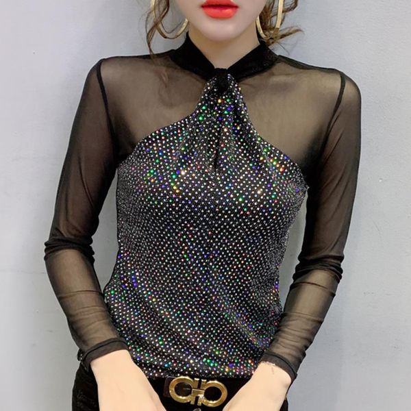 

spring sequin slim women long sleeve mesh, White