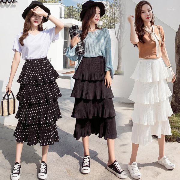 

skirts heliar women polka dot layers high street skirt female 2021 summer a line pleated student casual long preppy, Black