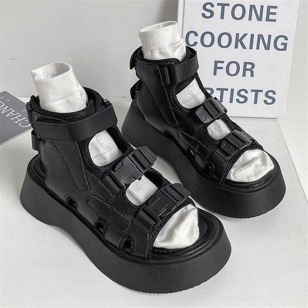 

sandals women pu leather 2021 summer clip toe black white casual high gang ladies roman shoes muffin