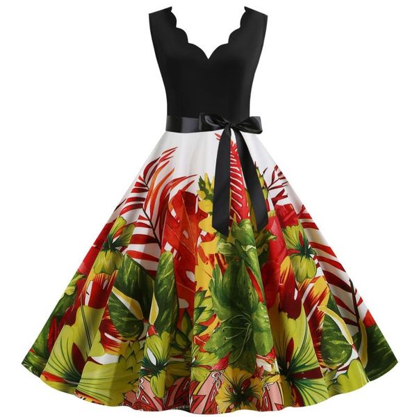 

casual dresses 2021 spring/summer retro v-neck burning flower party printed sleeveless big swing dress, Black;gray