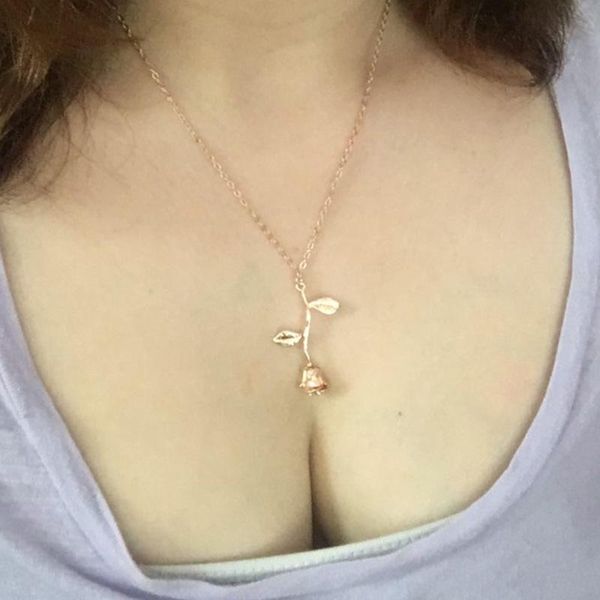 

chains fashion dangle drop 3d rose flower pendant necklace for women gold silver color charm simple chain necklaces party jewelry