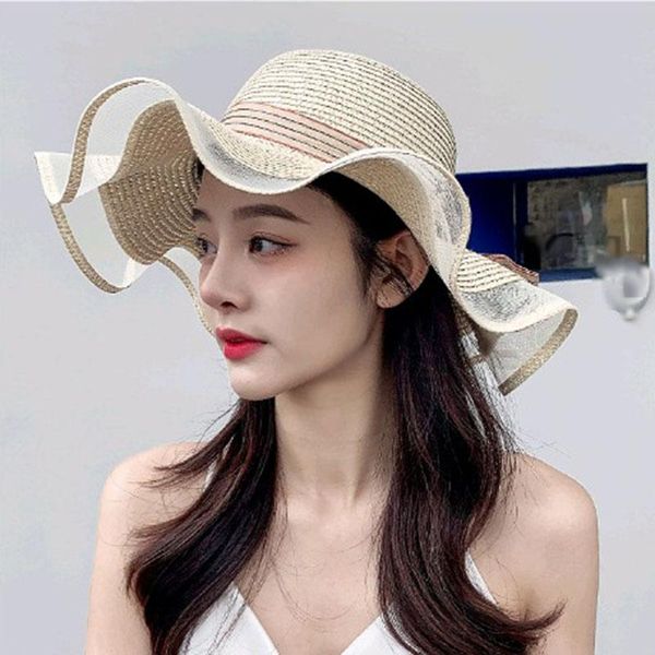 

wide brim hats simple foldable big bowknot girls straw hat sun beach cap women summer uv protect travel ladies female, Blue;gray