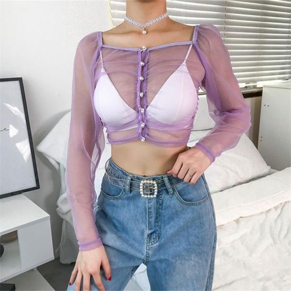 

women's blouses & shirts women ladies sheer mesh blouse solid perspective long sleeve see-through club street beach pullover strappy cr, White