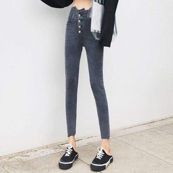 

women's jeans women'sjeans high waist breasted elastic leggings slim tight ninth pants spring autumn wear, grey, dark blue, light