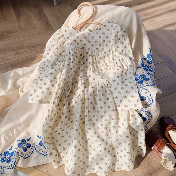 

2021 spring korean style baby girls floral printed long dresses puff sleeve cotton linen kids robe children dress, Red;yellow